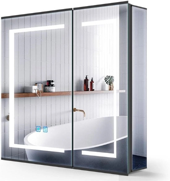 Specchio Bagno a LED con Cassetta in Alluminio Nero - 2 Porte con Regolazione di Luminosità a Tasto - Anticorrosione - Apparecchio per Rasatura a Socket - Cassettone con Scomparti Regolabili 65x60 cm per Trucco e Rasoir