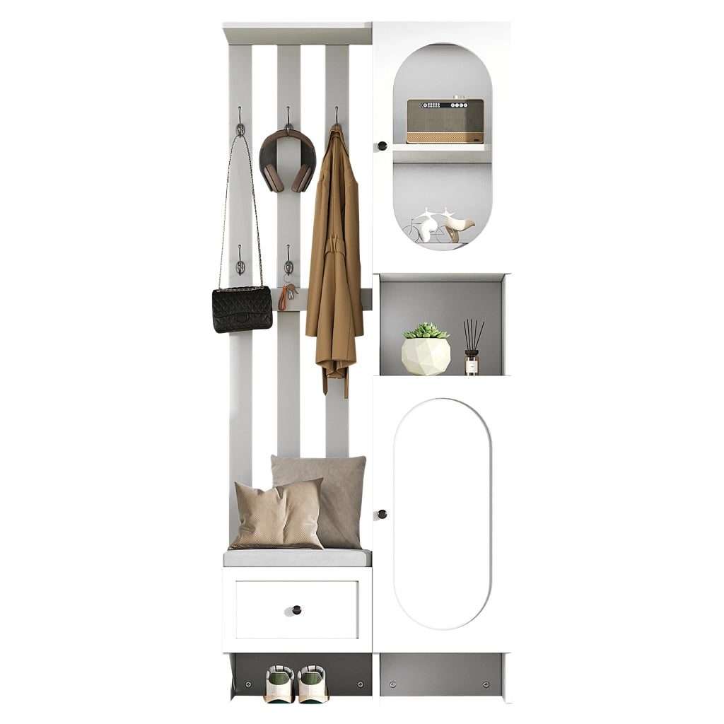 Mobile ingresso con 2 Armadi; 6 Ganci; Panca Portascarpe con Cuscino; Ante in Vetro Temperato; Bianco; 85??33;5??200 cm