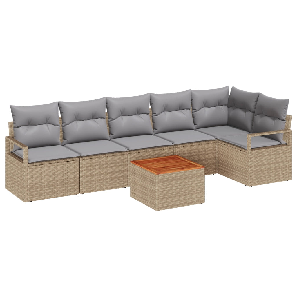 Set Divano da Giardino  7 Pezzi con Cuscini Beige Polyrattan Acacia