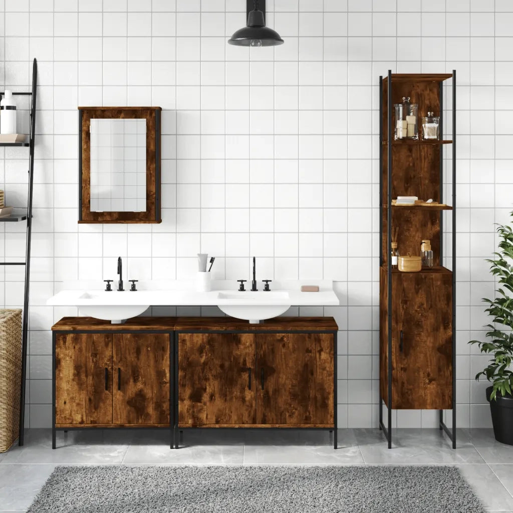 Set Mobili da Bagno | Armadio da bagno 4 pz Rovere Fumo in Legno Multistrato