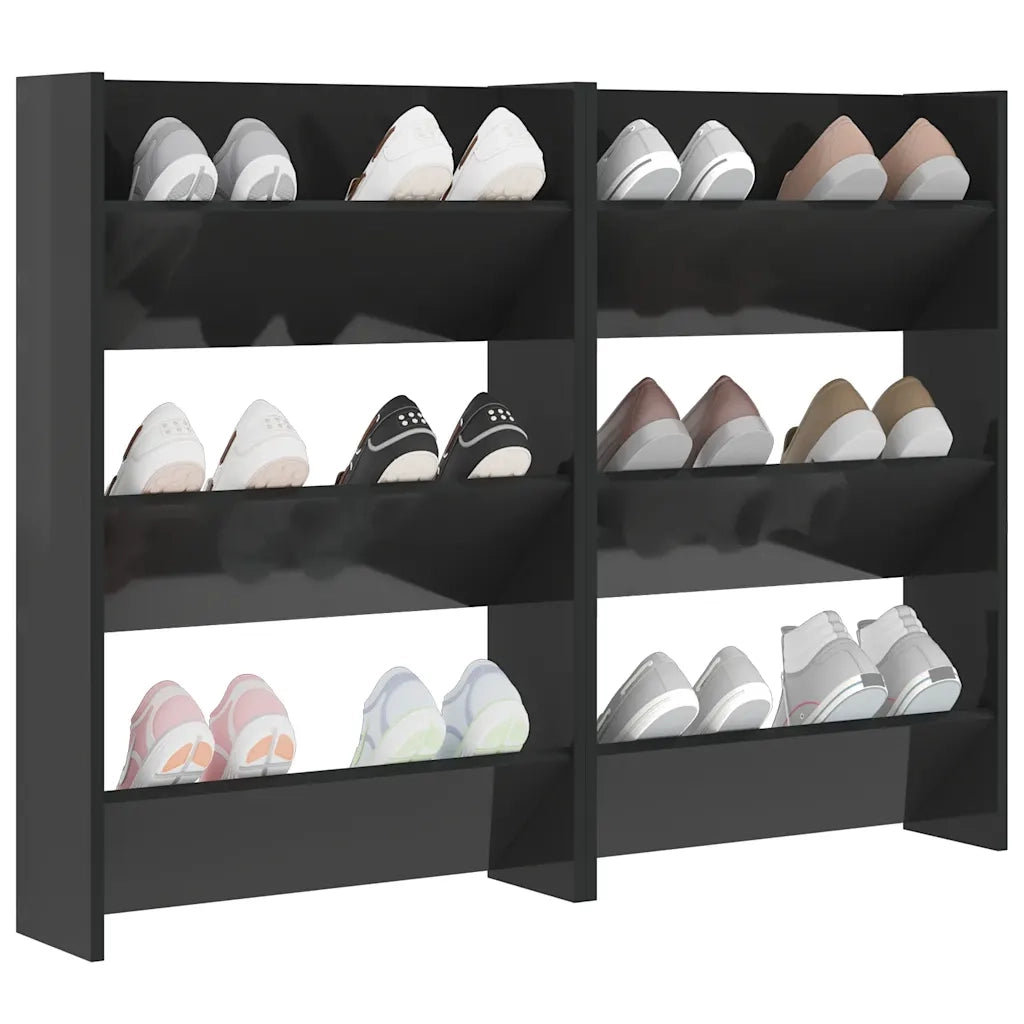 Scarpiere a Muro 2pz Nero Lucido 60x18x90cm Legno Multistrato 806774