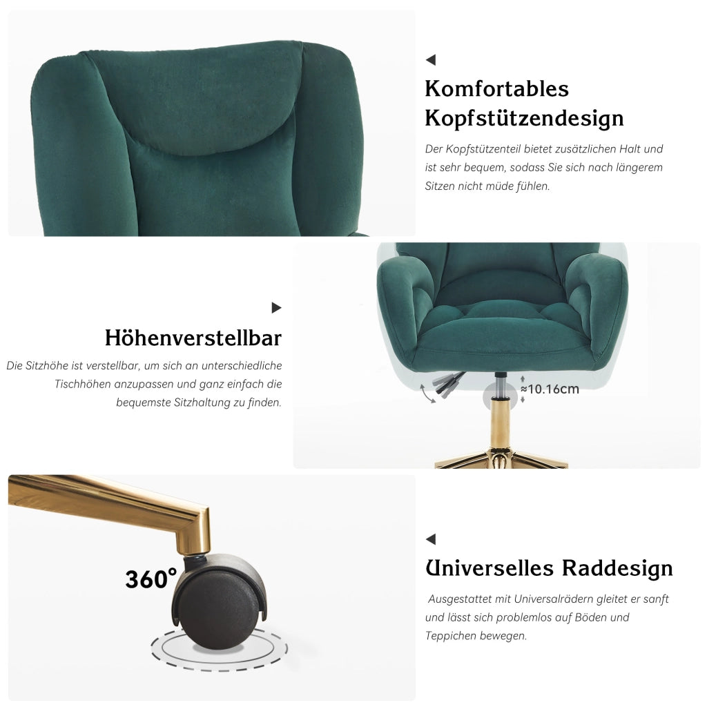 sedia da ufficio girevole regolabile in altezza con ruote e schienale ergonomico in velluto verde 64 Ã— 62 Ã— 92.5 cm