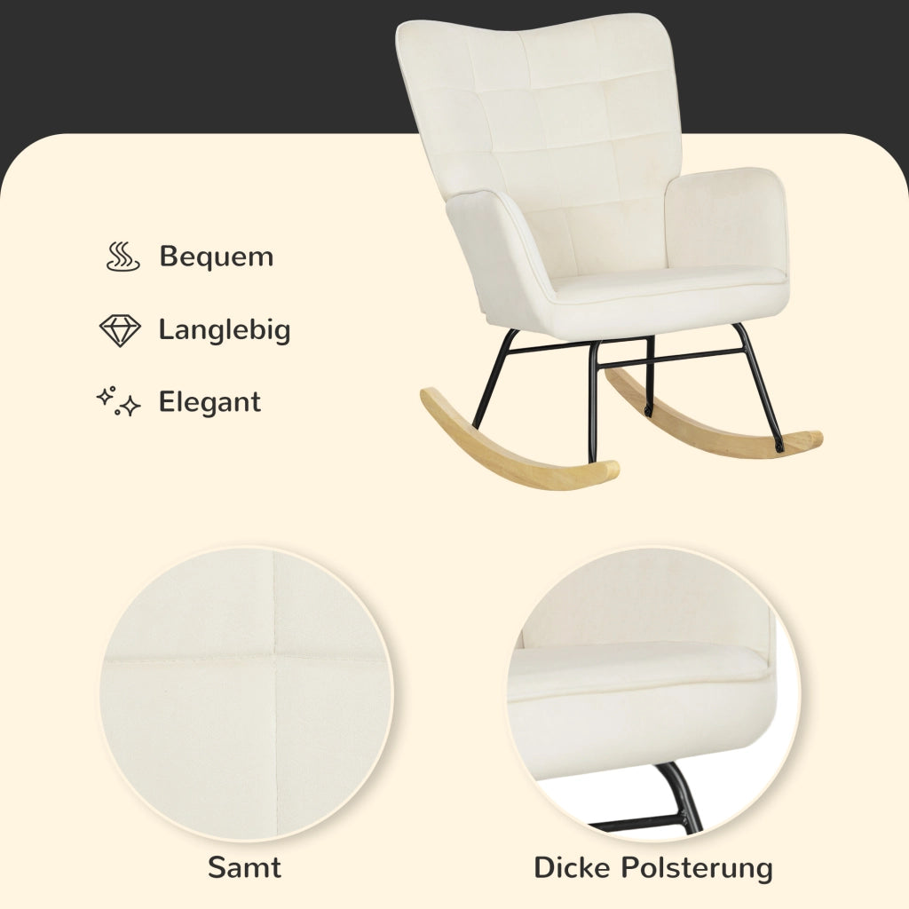 Poltrona a dondolo in velluto con braccioli, schienale alto imbottito e base in legno di faggio beige per relax