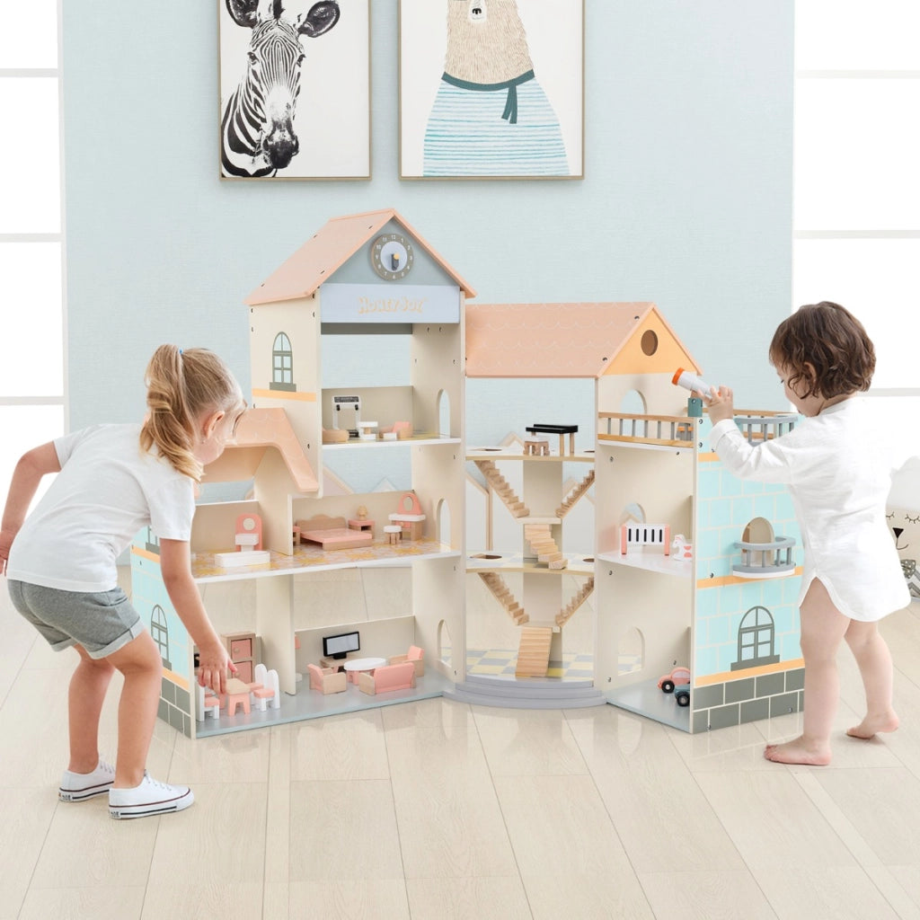 Casa delle bambole con tetto arancione con 41 mobili e accessori, Casetta delle bambole ad angolo in legno-Tende e Casette per bambini