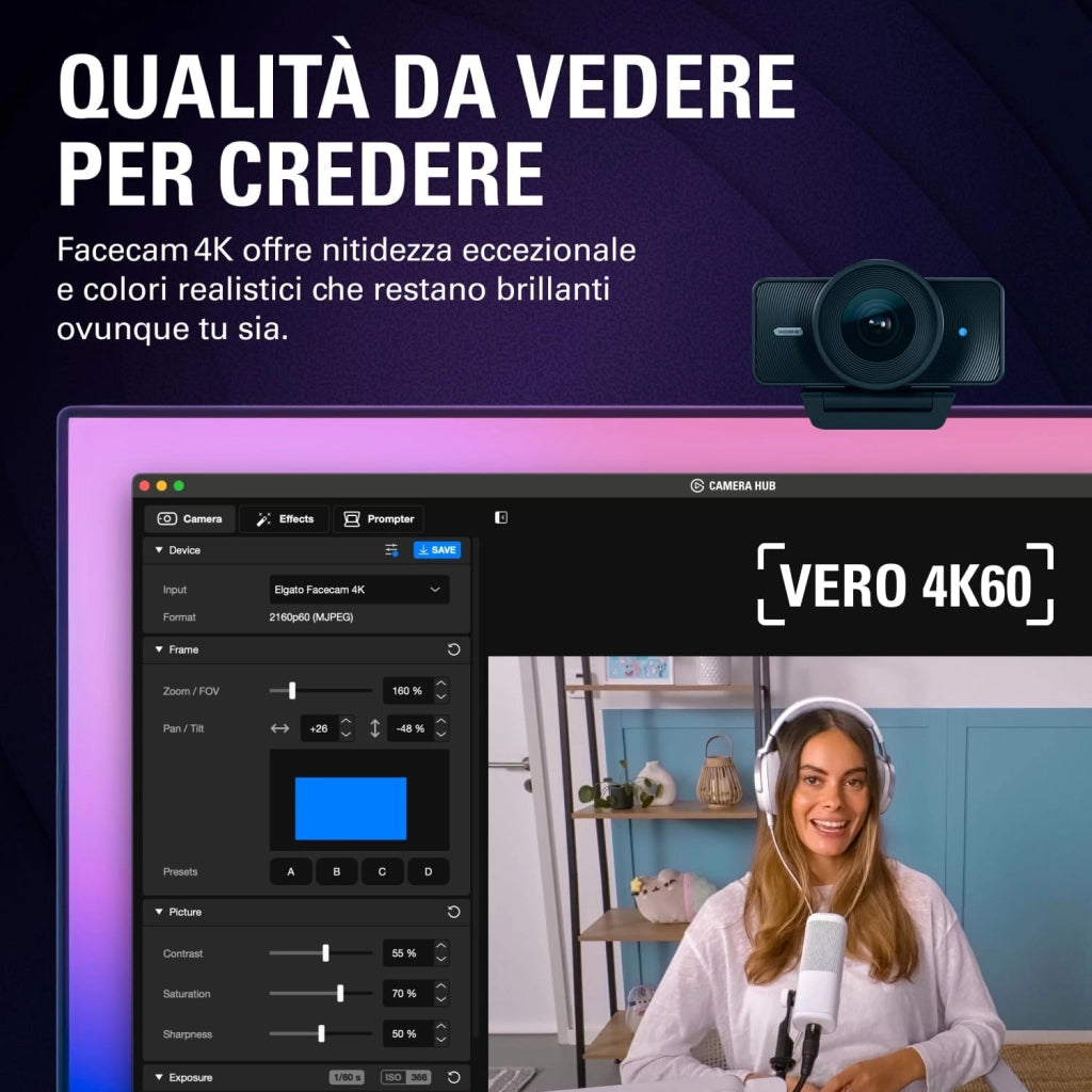 Facecam 4K - webcam da studio 4K60, controllo in stile DSLR, effetti cinematografici, filtri per obiettivo da 49 mm, video non compresso, area di messa a fuoco ottimizzata | USB-C per PC e Mac