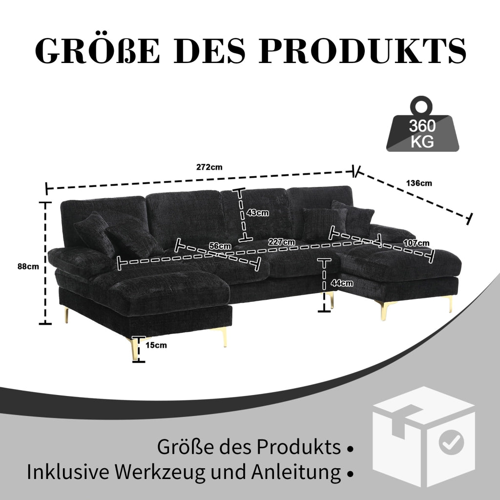 DIVANO SEZIONALE U 272x136x88 cm Chenille Nero