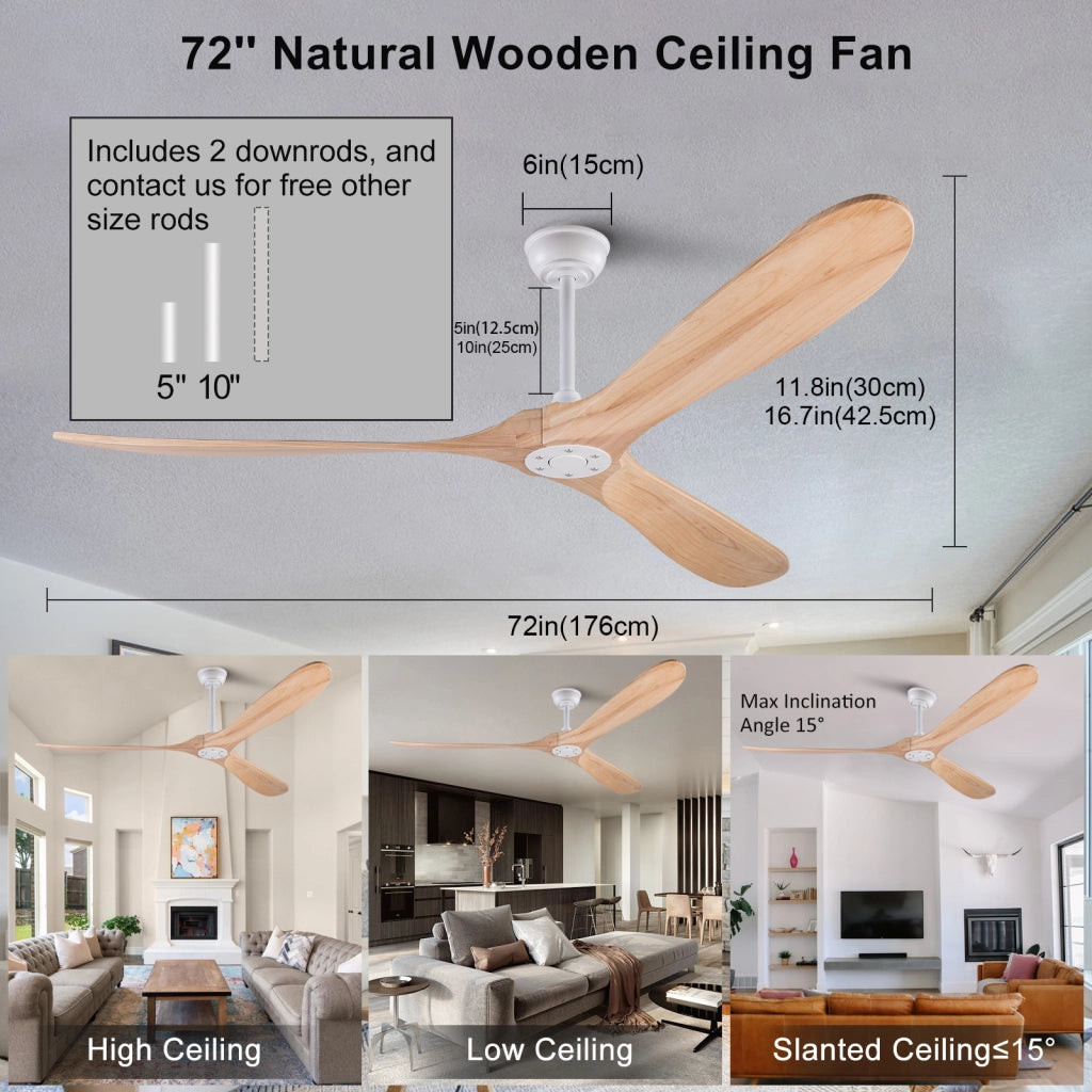Ventilatore da soffitto 70 pollici senza luce, color legno naturale, impermeabile, extra grande, per esterni, motore DC silenzioso reversibile