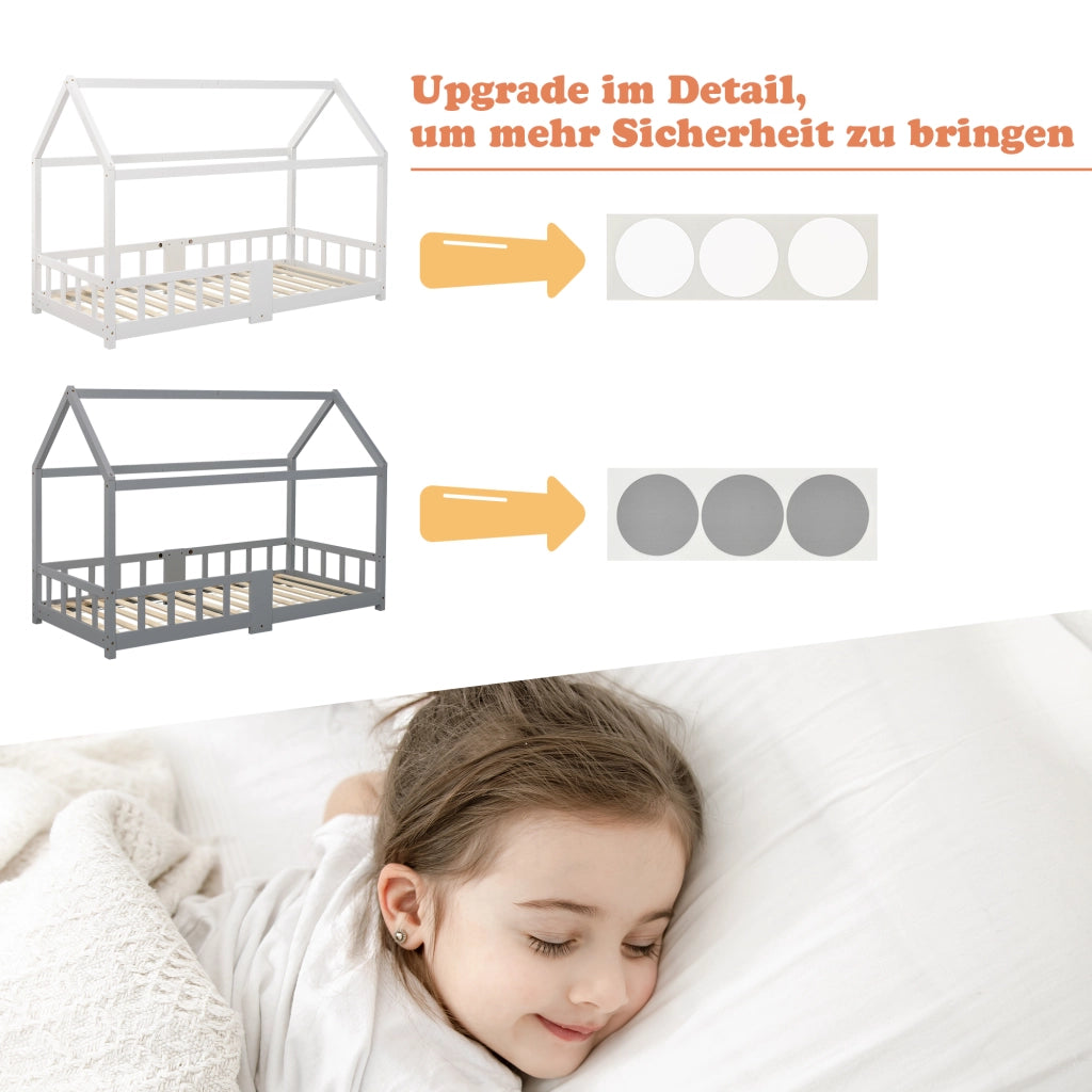 Letto a casa per bambini bianco in legno massiccio con rete a doghe e protezione anticaso 90x200 cm