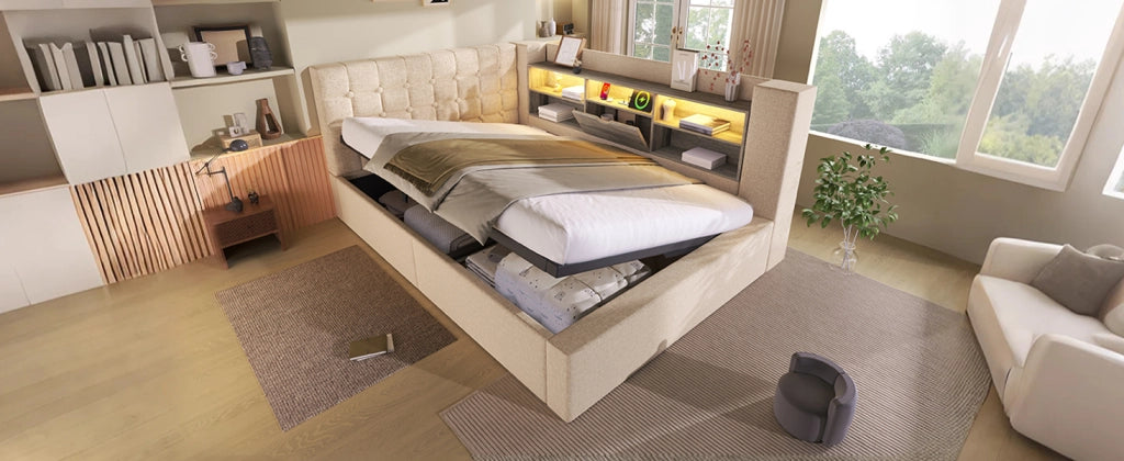 Letto imbottito 140x190 cm con LED, USB, contenitore idraulico, testiera L reversibile, beige