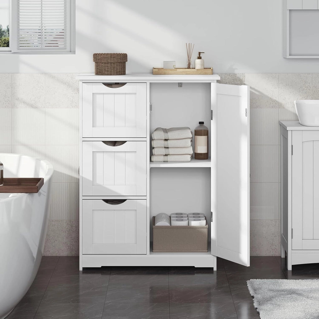 Mobile da Bagno Bianco Con 3 Cassetti e 2 Scomparti Regolabili, Portaoggetti per Camera da Letto/Corridoio/Cucina, 60x30x81cm