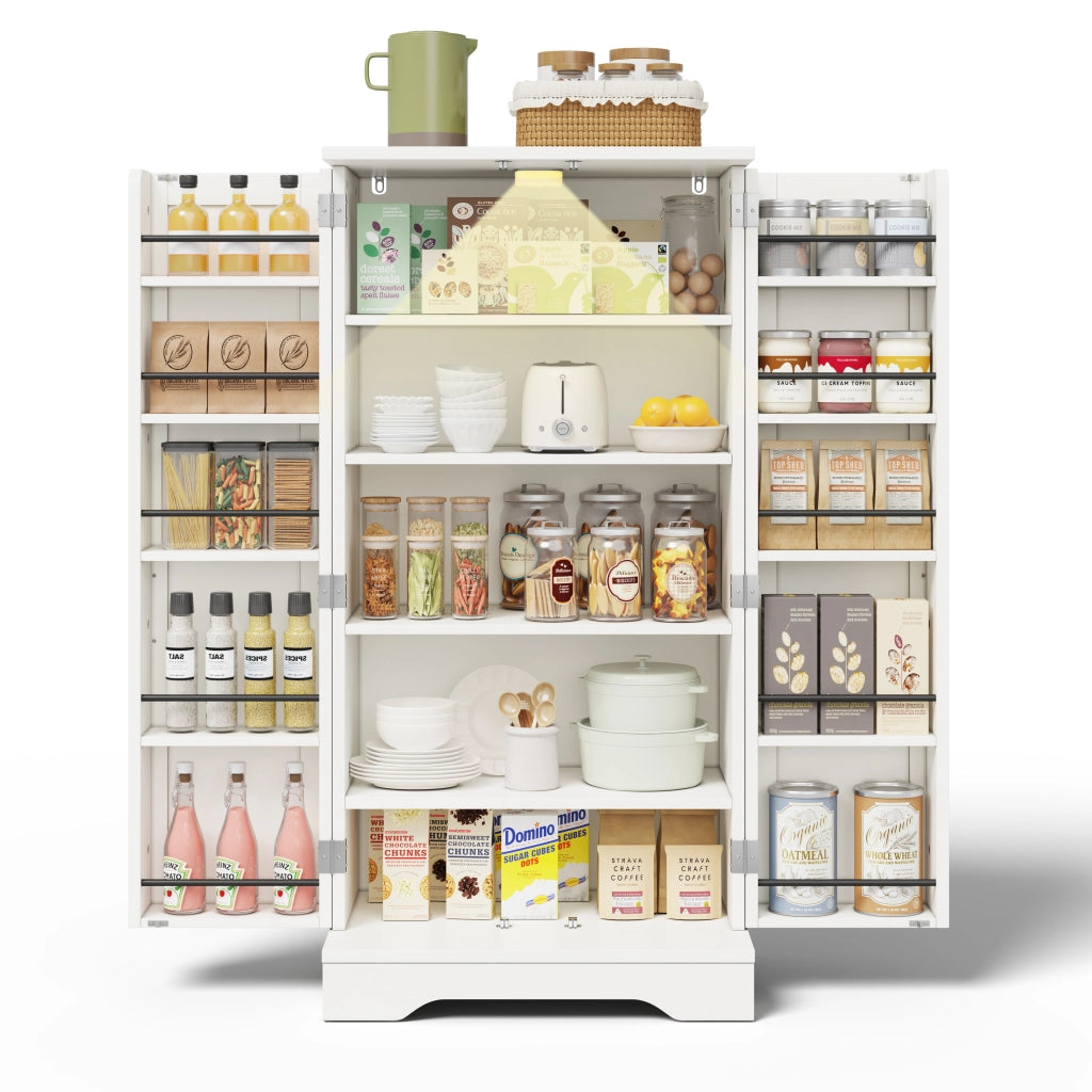 Credenza alta moderna 120x60x40 cm in MDF bianco con luci LED sensore, ripiani regolabili e chiusura clip