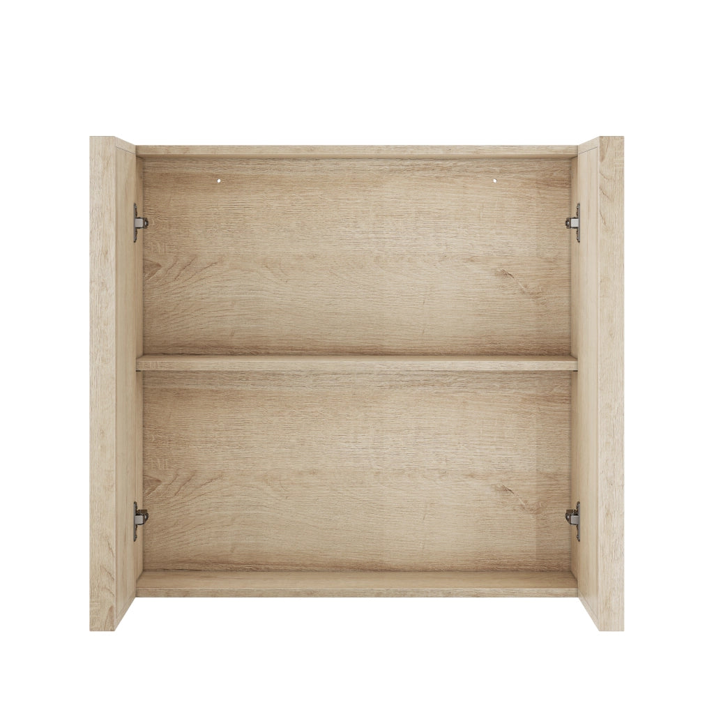 Mobile bagno pensile in finitura rovere con doppia anta, design minimalista e salvaspazio