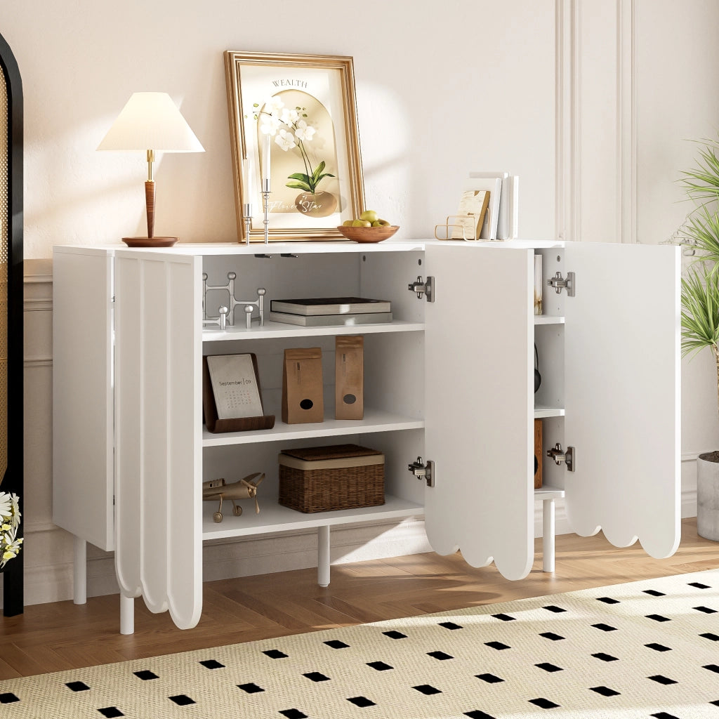 Credenza con 2 Ante Ondulate senza Maniglie; Ripiani Regolabili; Stile Moderno; in MDF; 120??35??80 cm; Bianco
