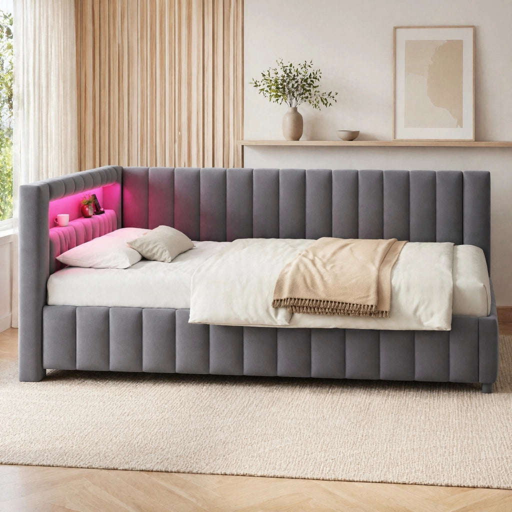 Divano letto imbottito angolare 140x200 cm in velluto grigio con LED e porta USB