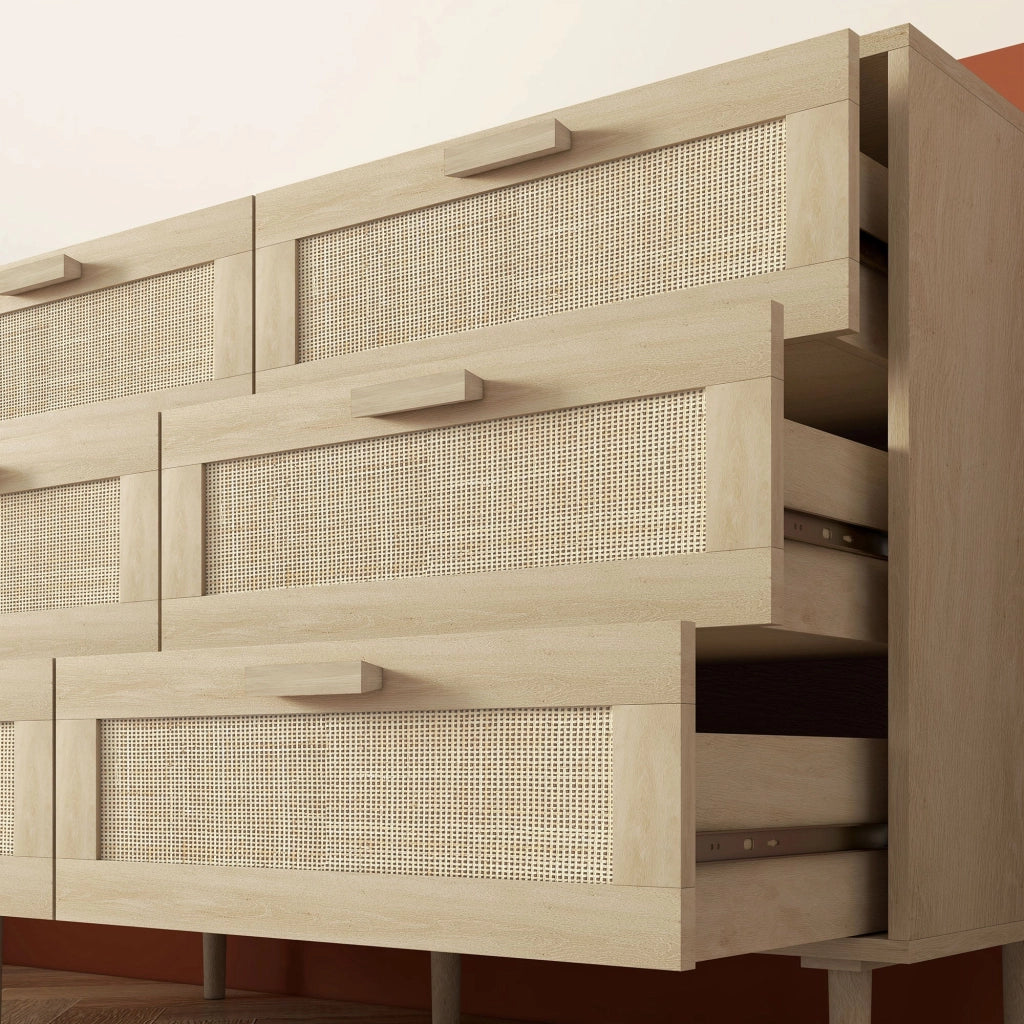 Cassettiera 6 Cassetti Stile Boho per Soggiorno e Camera da Letto 110x40x75 cm in Legno e Rattan Naturale