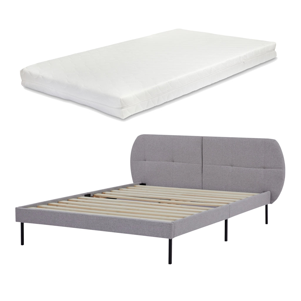 Letto Francese Porvoo con Testiera e Materasso 140x200 cm Rivestimento in Tessuto - Grigio [en.casa]