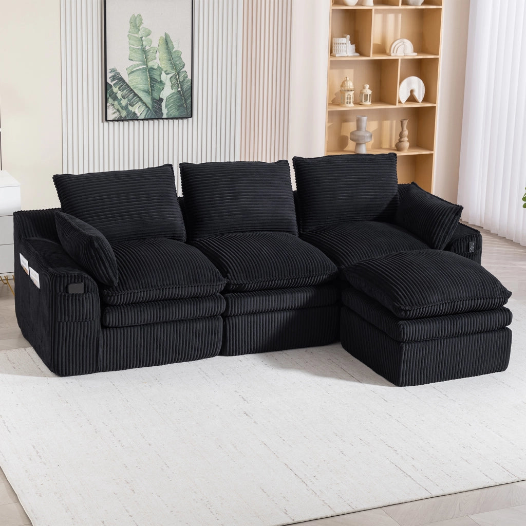 DIVANO modulare in velluto a coste nero con tasche laterali 263x167x85 cm