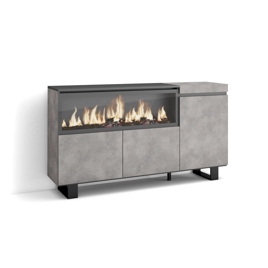 Credenza, Mobile, 158x35x87cm, 3 Porte, Camino elettrico XXL, Design industriale, grigio cemento RF3288