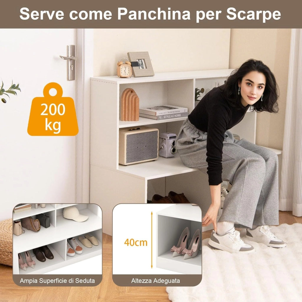2 in 1 Scarpiera da Ingresso, Combinazione di Armadio e Panchina, Organizzatore Moderno con 6 Cubi e 2 Kit Antiribaltamento per Soggiorno Corridoio Ingresso, 120 x 50 x 90 cm