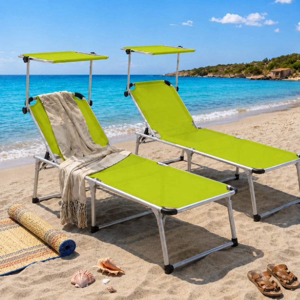 Coppia Di Lettini Da Spiaggia Pieghevoli Parasole Con Schienale Reclinabile Regolabile 6 Posizioni Struttura In Alluminio Sedia Prendisole Mare Giardino Piscina 187 x 59 x 29 Cm Verde Fluo