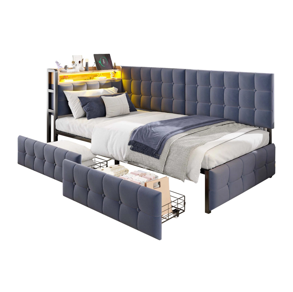 Divano letto imbottito 90x200 cm grigio con LED e cassetti
