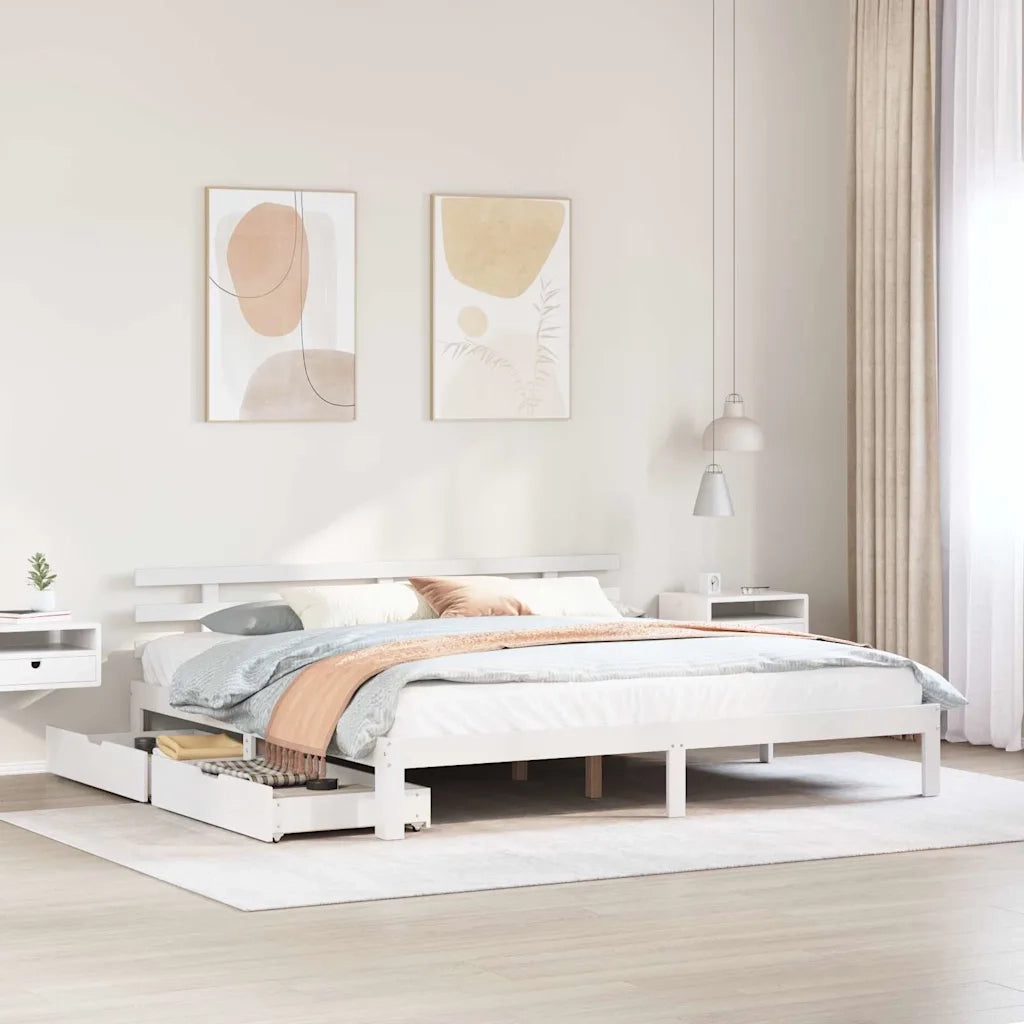Letto matrimoniale | Letto per adulti | Giroletto con Cassetti Bianco 200x200 cm Legno Massello di Pino