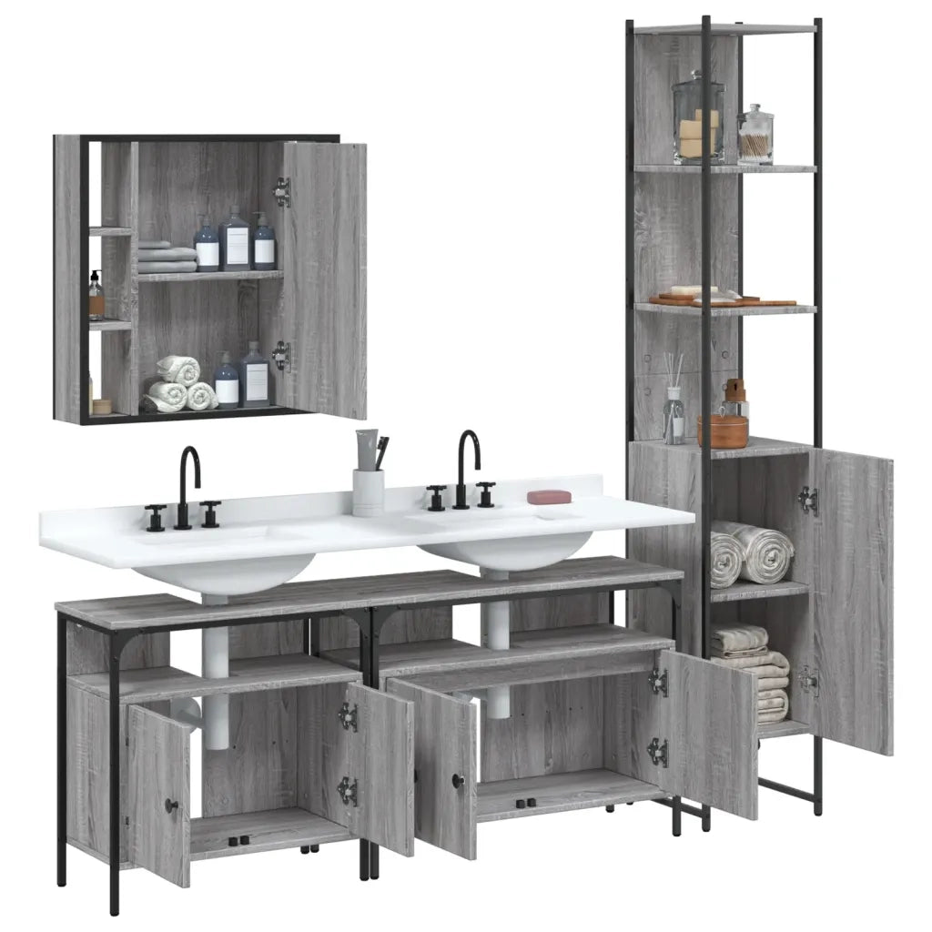 Set Mobili da Bagno 4 pz Grigio Sonoma in Legno Multistrato