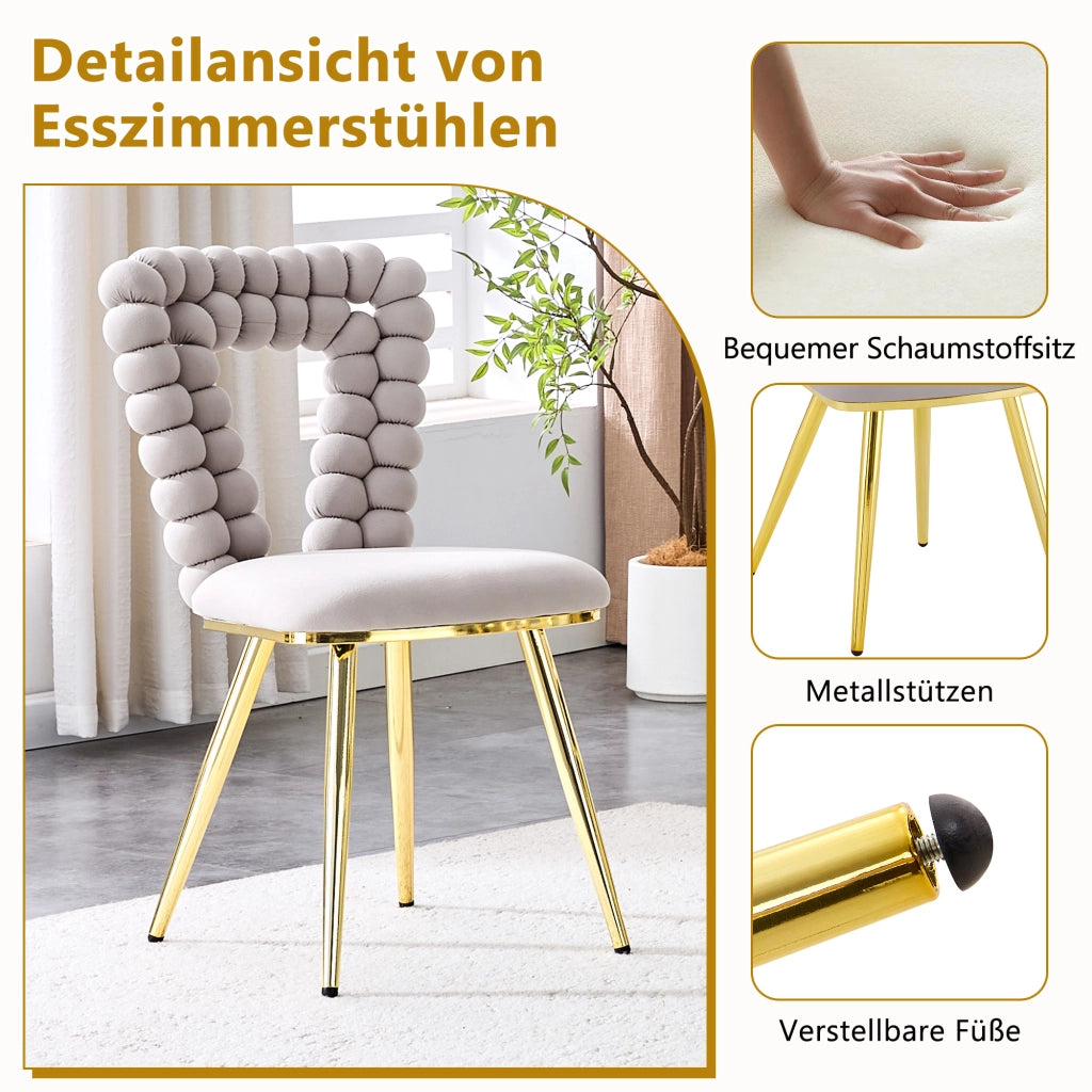 Sedia da pranzo 2 pezzi con schienale geometrico e gambe metalliche in velluto grigio chiaro