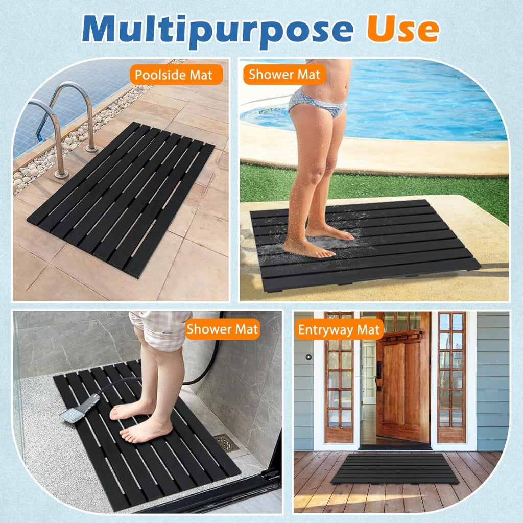 Tappetino doccia antiscivolo, griglia per esterni e interni, 100 x 60 cm, materiale WPC impermeabile e robusto, finitura effetto legno, carico 150 kg, per bagno, piscina, ingresso, nero