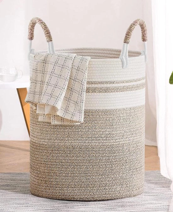 Gevlochten wasmand 50L con maniglia - Asciugamani a doppia colorazione per camera da letto, bagno, giocattoli e archiviazione, stile e duraturo, 37x47cm