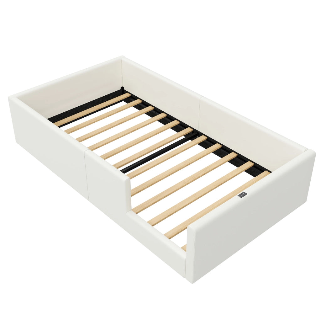 Letto a piattaforma 90x200 cm con sponde imbottite e stazione di ricarica USB/Type-C; bianco