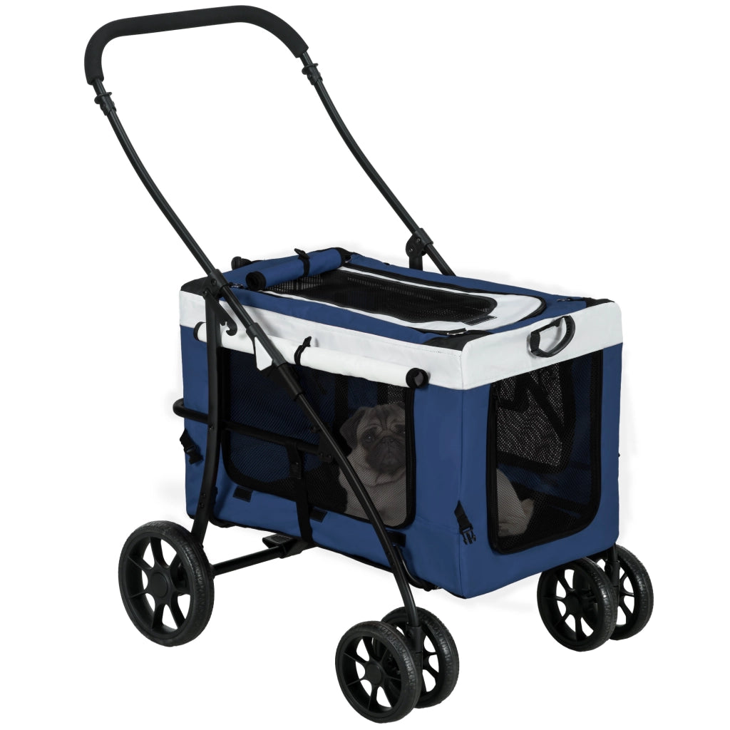 Carrello pieghevole per animali con culla removibile, 2 guinzagli di sicurezza, ruote EVA, in poliestere blu