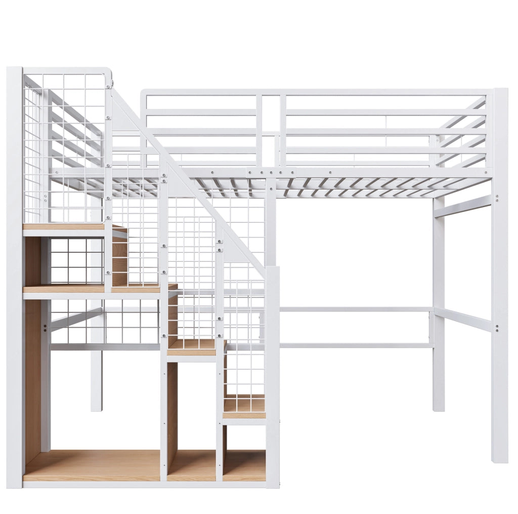 Letto a soppalco ULEVR 140x200 cm con scala, modulo guardaroba e protezioni, MDF e metallo bianco