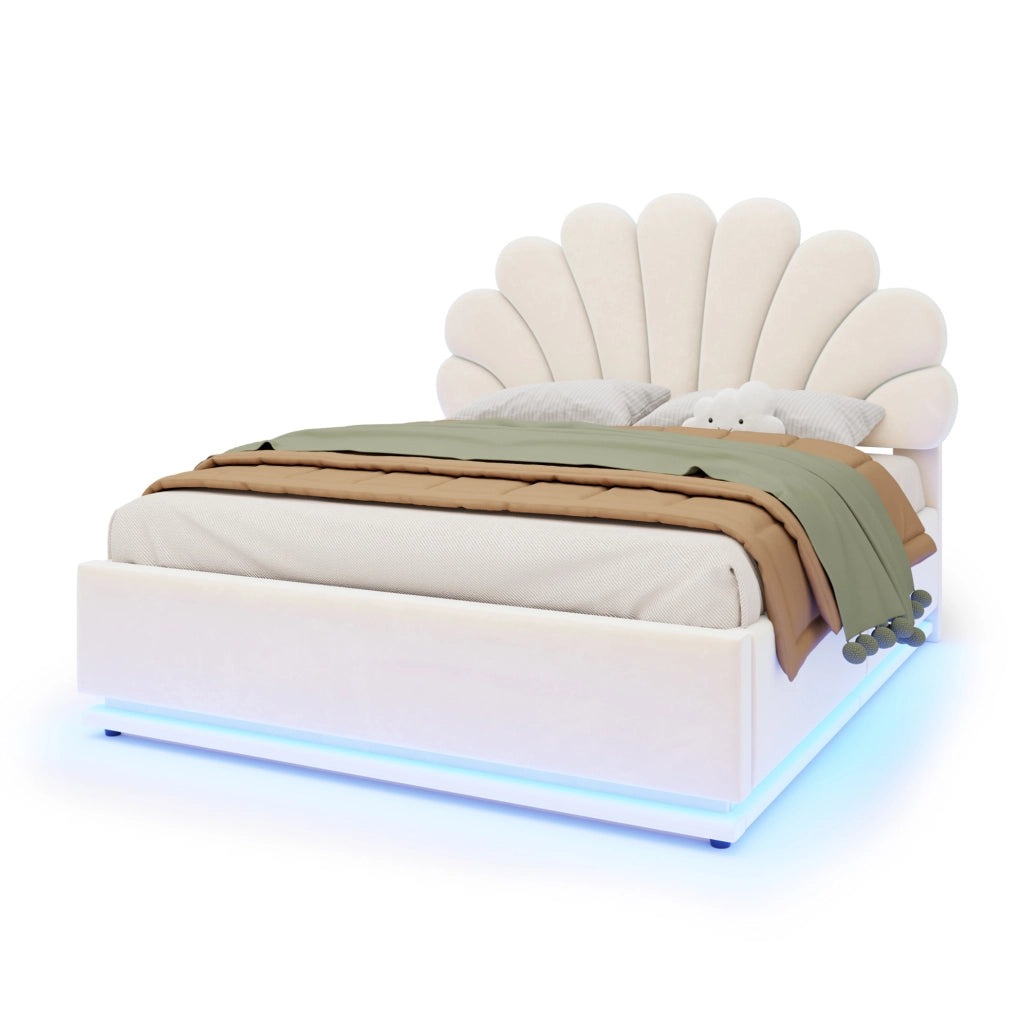 Letto imbottito beige 140 x 200 cm con vano contenitore e luci LED
