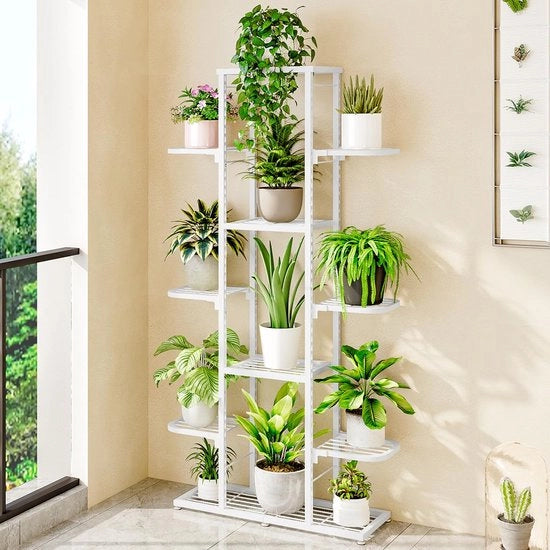 Standarizzazione per piante 7 strati, supporto per piante in metallo, per interni ed esterni, supporto per fiori multistrato, scala per piante, piatto angolare, sostegno per piante in posizione verticale per giardino, decorazione per balcone, bianco
