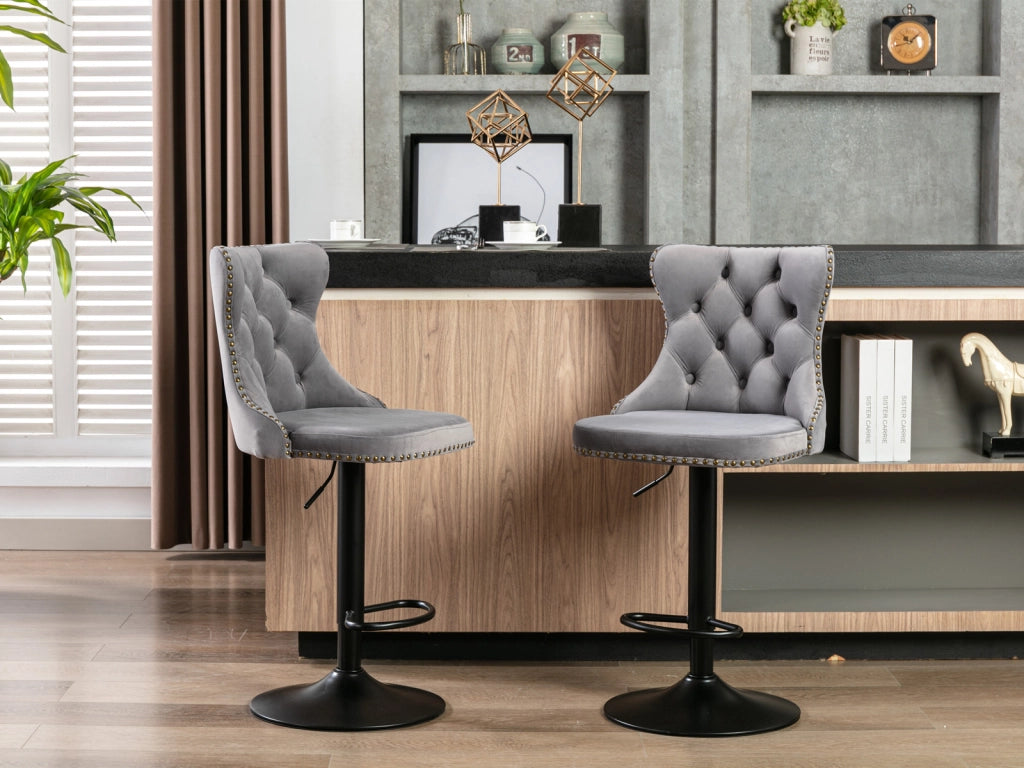 Sgabello da bar girevole in velluto con altezza regolabile, schienale ergonomico e base cromata stabile, grigio