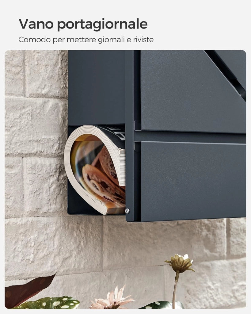 SONGMICS Cassetta Postale, Finestra a V, Cassetta Posta da Parete con Serratura, Coperchio, Vano Portagiornale, Facile da Montare, Grigio Antracite GMB054G01