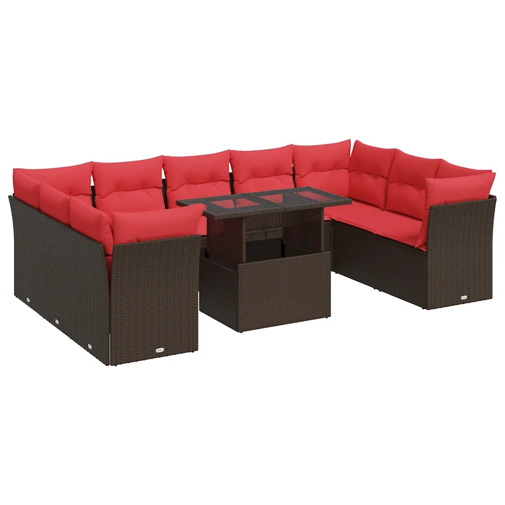 Set Divani Giardino 10 pz con Cuscini Polyrattan Marrone Acacia 3326225