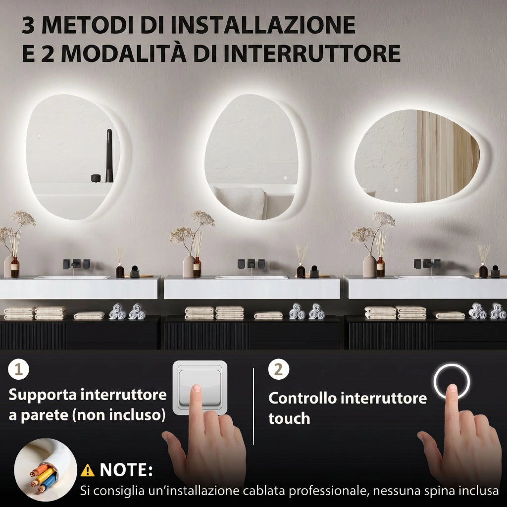 Specchio da Bagno Illuminato LED Regolabile ¨C Zephmum ¨C Argento Vetro Temperato 80x60x5 cm