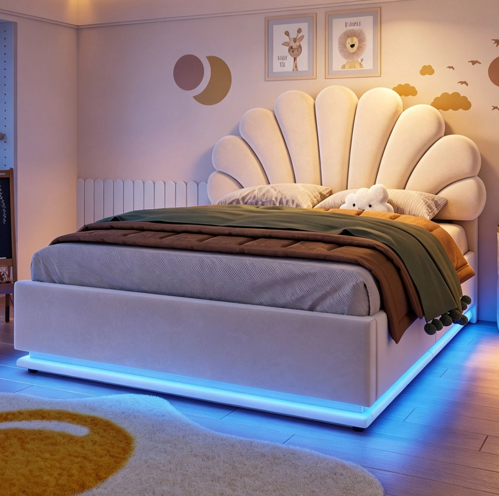 Letto imbottito 140x200 cm in velluto beige con LED e vano