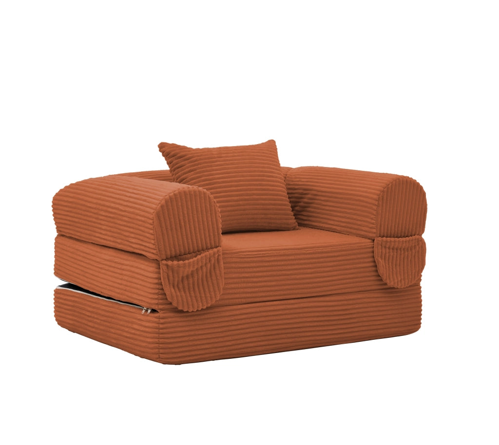 Poltrona letto singola convertibile 2 in 1 con cuscino e design salvaspazio in tessuto a coste arancione
