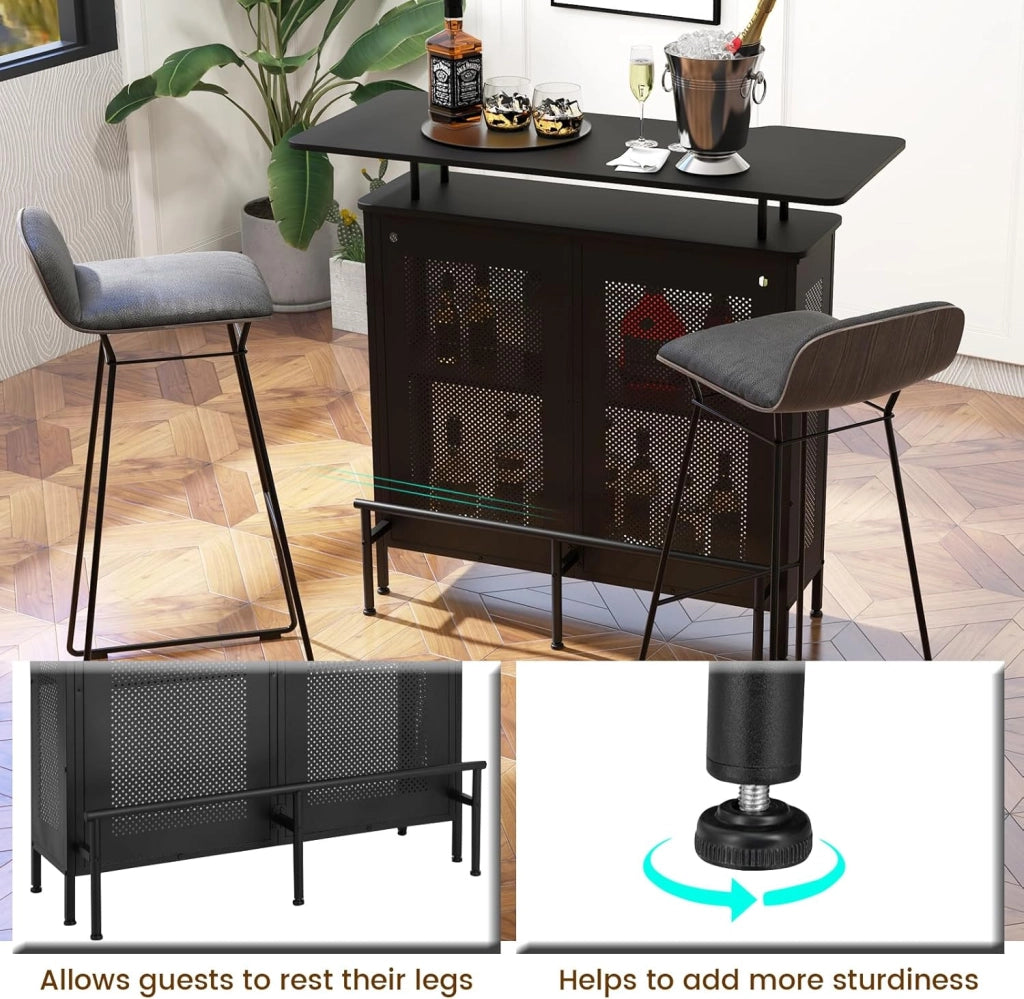 Tavolo da bar con 1 ripiano rialzato e 6 portabicchieri, tavolo da vino a 4 livelli, tavolo da cucina con poggiapiedi in stile industriale, nero, 120 x 50 x 106,5 cm