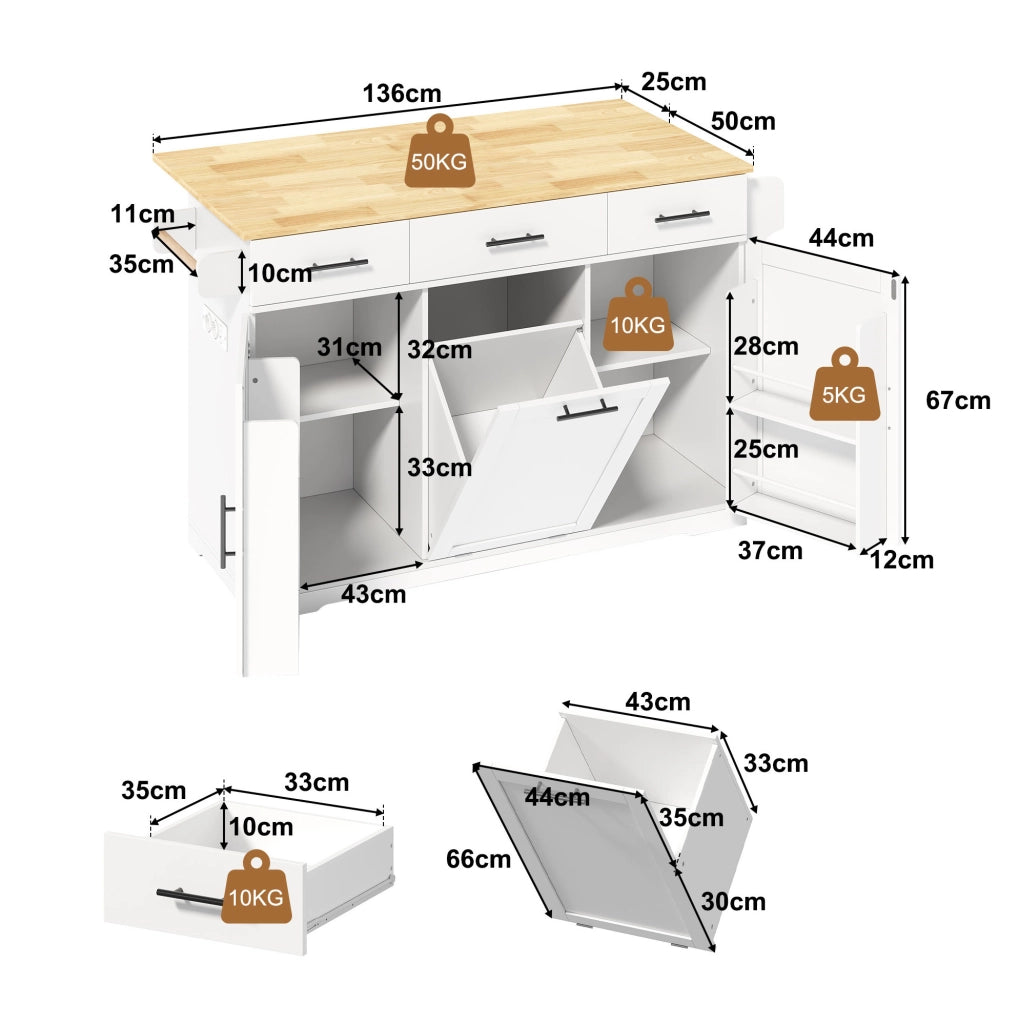 Isola da cucina mobile in MDF con 3 cassetti; vano rifiuti; prese USB e ruote; 136 × 50 (75) × 92 cm