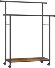 SONGMICS Stand Appendiabiti con Ruote, Attaccapanni Doppio con Ripiano, Largo 98,5 cm, Regge 100 kg in Totale, Struttura in Acciaio, Marrone Vintage e Nero Inchiostro HSR152B01