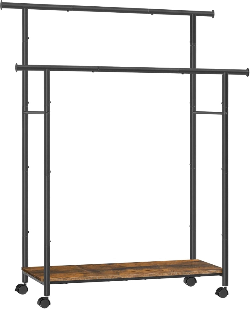 SONGMICS Stand Appendiabiti con Ruote, Attaccapanni Doppio con Ripiano, Largo 98,5 cm, Regge 100 kg in Totale, Struttura in Acciaio, Marrone Vintage e Nero Inchiostro HSR152B01