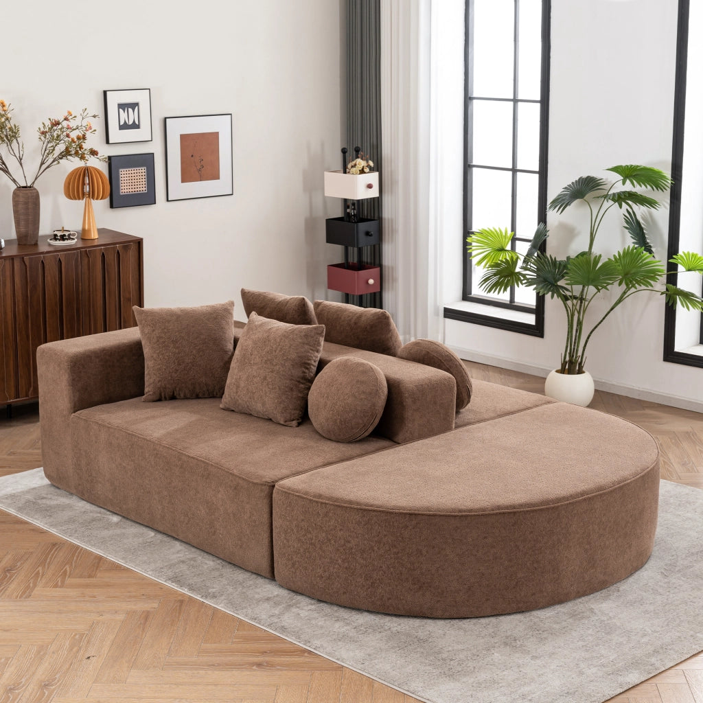 Canapé modulare senza montaggio con funzione letto e cuscini, in ciniglia marrone per soggiorno e relax quotidiano