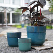 Fioriera a più livelli in ceramica artigianale smaltata turchese lucido con scanalature verticali Ø 23 cm