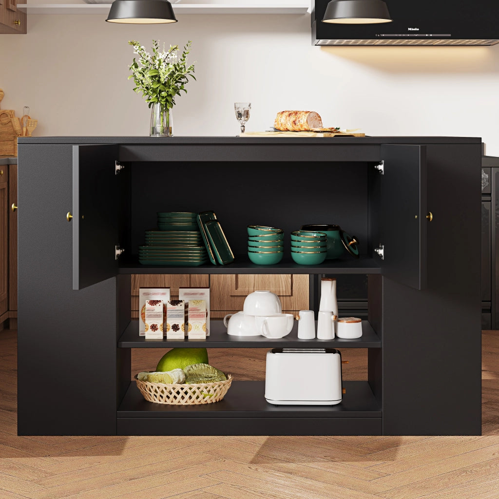 Isola da Cucina con 2 Ante 2 Cassetti e Ripiani Piano Ribaltabile in MDF 140 x 40 x 90 cm Nero