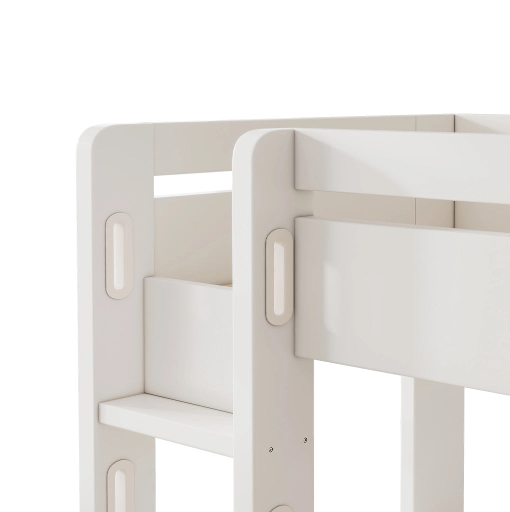 Letto a soppalco ULEVR 90x200 cm con scrivania angolare, 3 cassetti, 3 ripiani e ricarica USB/Type-C, bianco