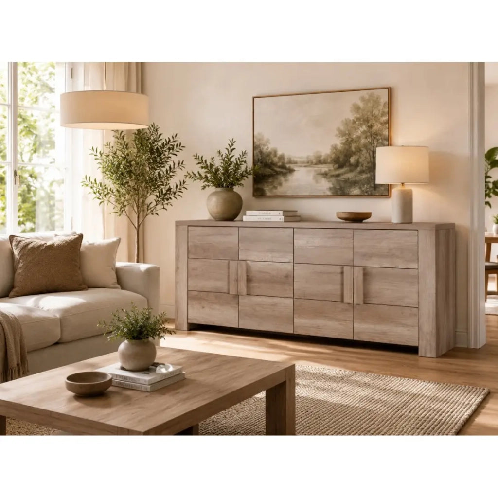 Sala da pranzo FARRA: credenza, vetrina, 3 specchi e tavolo con LED